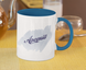 A mug with a print of Arseniy's name, white and blue.