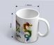 A white mug with a New Year's print of the symbol of the year - a multi-colored dragon and the inscription Happy New Year 2024