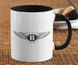 A mug with a Bentley logo print, white and black.